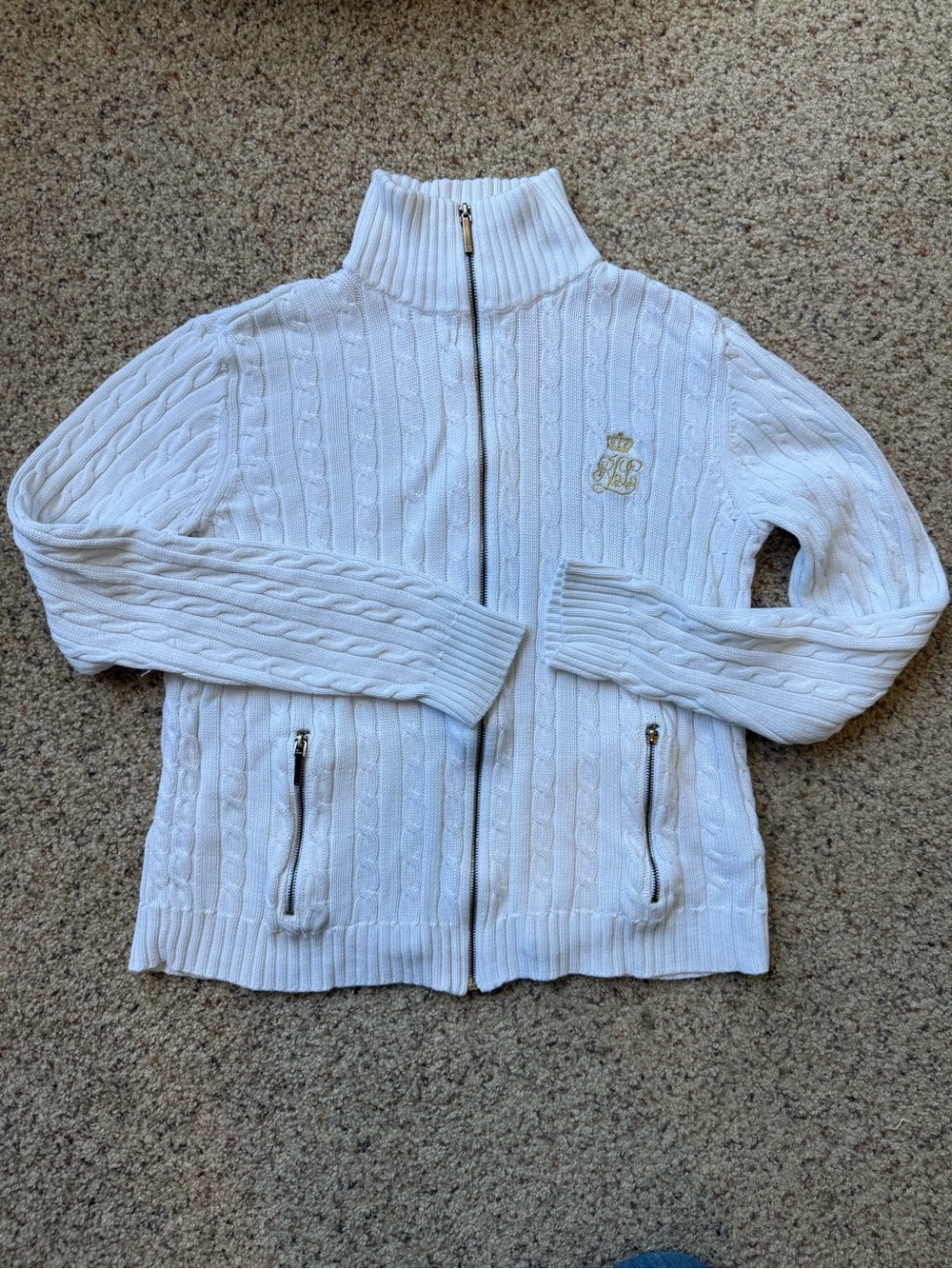 Ralph Lauren White Cable Knit Full-Zip Sweater with Crest